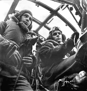 The pilot and co-pilot in the cockpit of a Wellington bomber